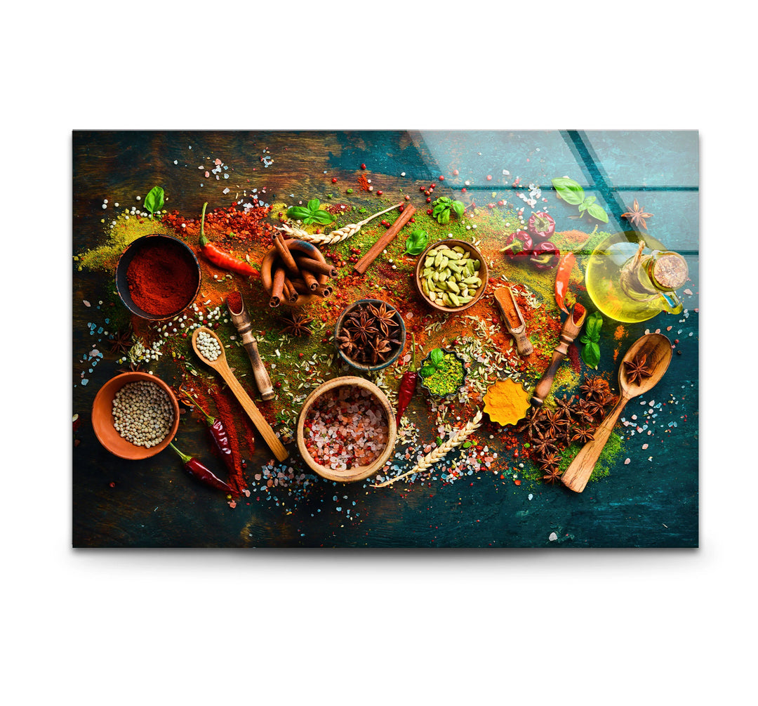 Glistening basil leaves offer a soft contrast among the vibrant powders in this colorful spices and herbs glass wall art decor print, ideal for a rustic kitchen.
