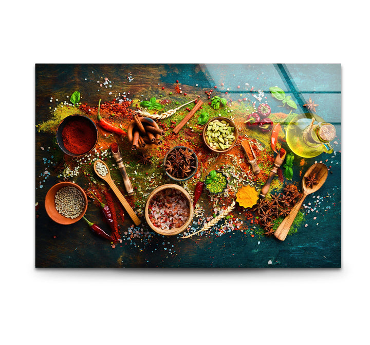 Glistening basil leaves offer a soft contrast among the vibrant powders in this colorful spices and herbs glass wall art decor print, ideal for a rustic kitchen.