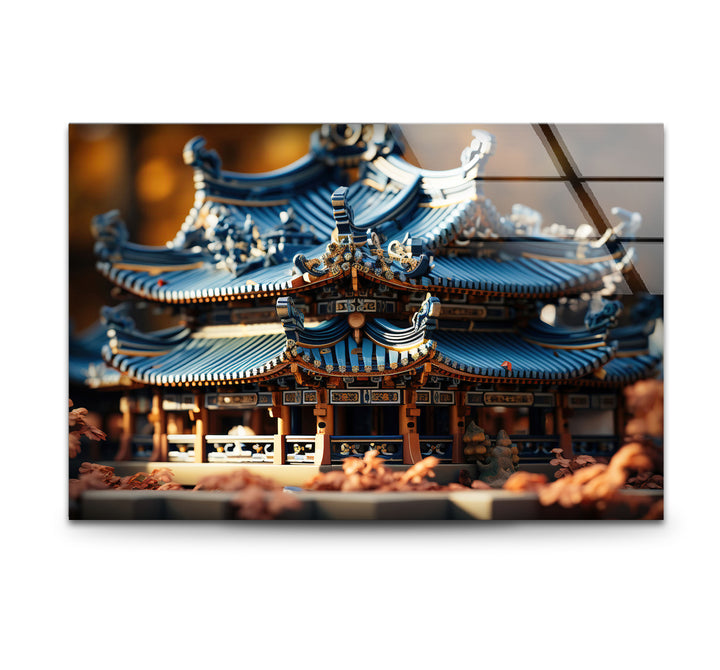 Traditional Asian Temple Wall Art – Blue Pagoda Architecture Glass Print for Cultural Decor