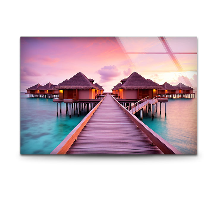 Maldives Sunset Resort Wall Art – Tropical Overwater Bungalows Glass Print Decor