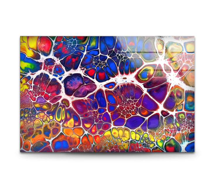 Farbenfrohe abstrakte Glaswandkunst – Lebendiges Fraktaldesign für moderne Innenräume