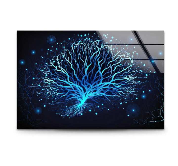 Neural Tree Wandkunst – Futuristischer blauer Nervenmuster-Glasdruck für elegante Innenräume