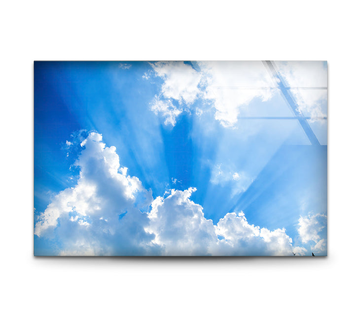 Heavenly Sky Light Rays Wall Art – Blue Cloudscape Glass Print for Uplifting Decor