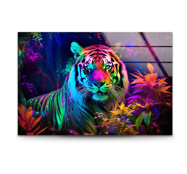 Neon Jungle Tiger Wandkunst – Lebendiger Wildlife-Glasdruck für mutige Innenräume