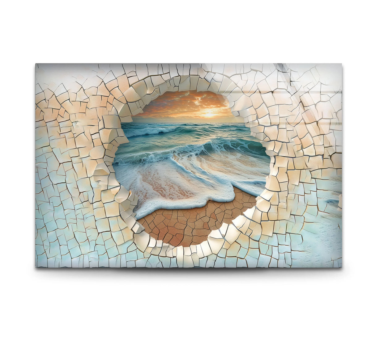 Calming home decor is captured as a cracked stone frame reveals a picturesque ocean sunset in this glass wall art, creating a serene coastal mood.