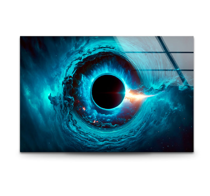 Wandkunst mit kosmischem schwarzen Loch – Blaues Wirbel-Galaxie-Glasdruckdekor 