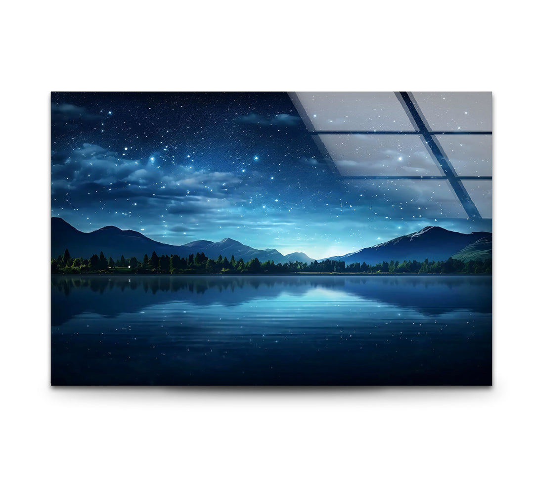 Starry Night Lake Wall Art – Tranquil Mountain Reflection Glass Print for Interior Elegance
