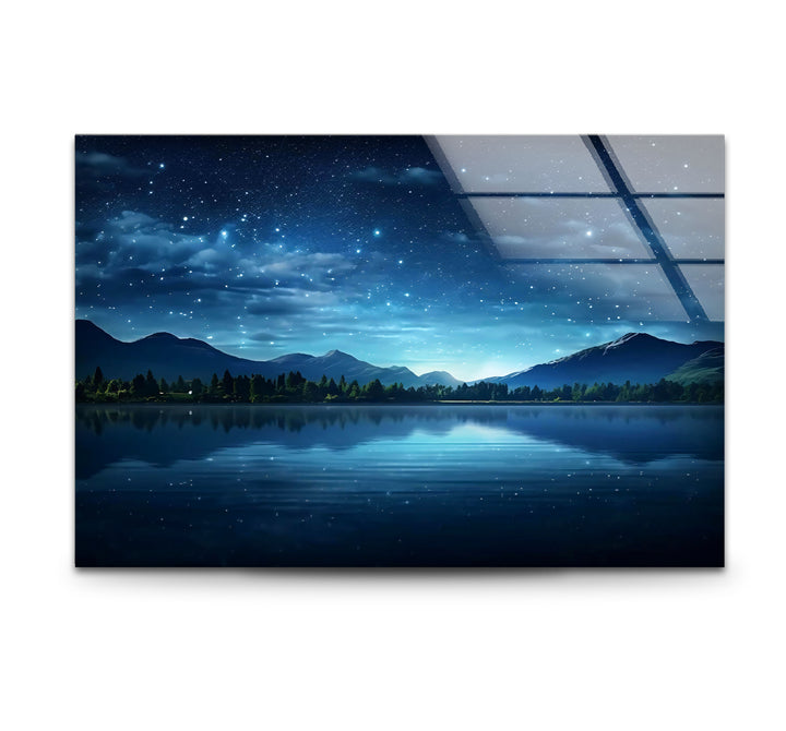 Starry Night Lake Wall Art – Tranquil Mountain Reflection Glass Print for Interior Elegance