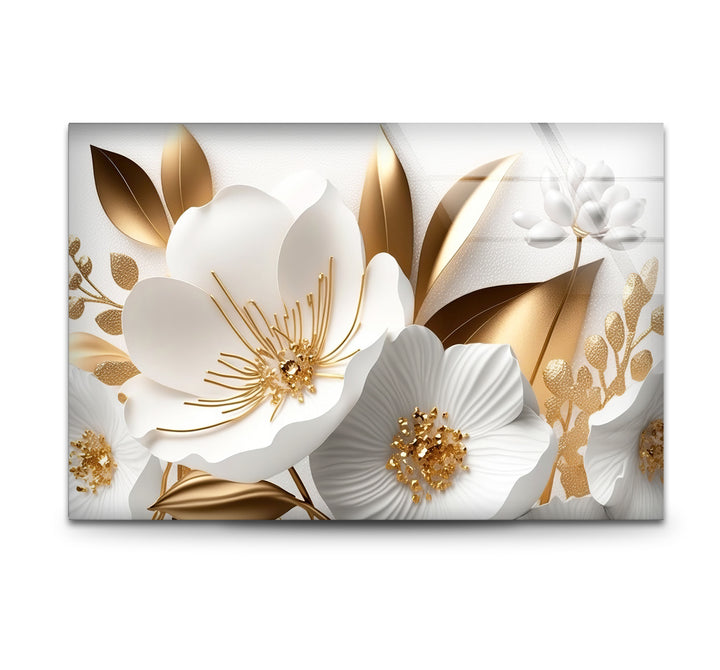 Elegant White and Gold Floral Wall Art – Luxury Botanical Glass Print for Sophisticated Decor