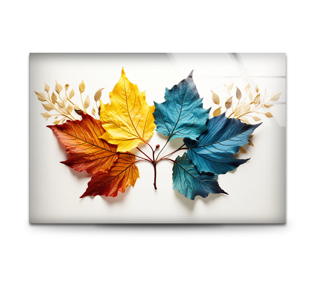 Colorful Autumn Leaves Wall Art – Modern Botanical Glass Print with Red, Yellow, and Blue Foliage