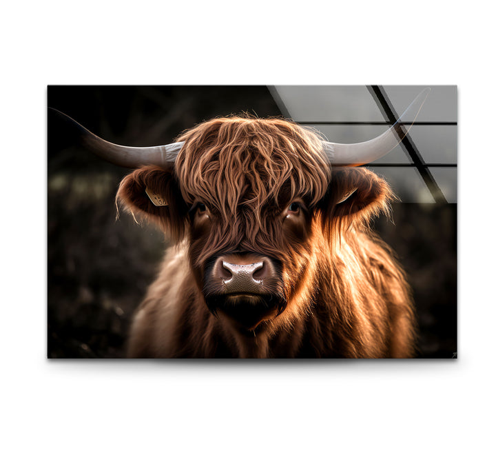 Highland Cow Wall Art – Rustic Brown Longhorn Glass Print Décor