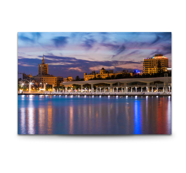 Malaga Waterfront Cityscape Wall Art – Dusk Skyline Glass Print for Urban Decor