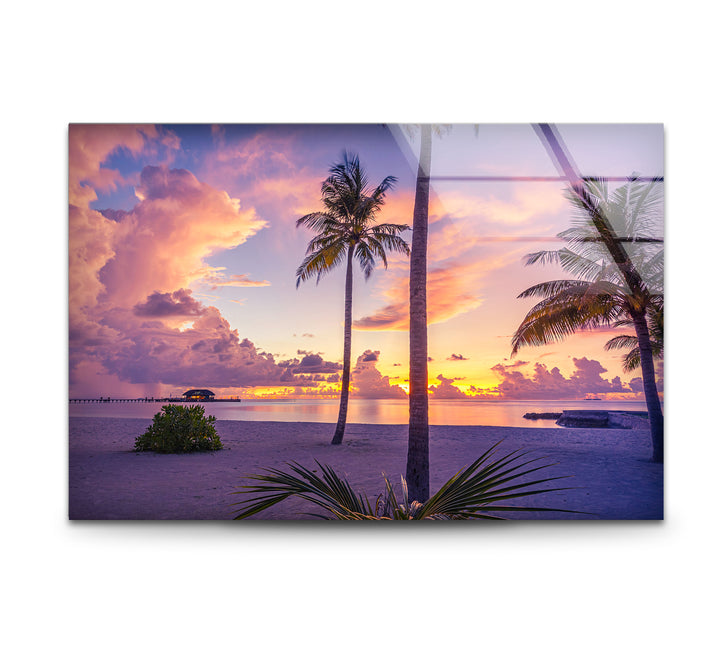 Tropical Sunset Beach Wall Art – Vibrant Palm Tree Ocean Scene Glass Print for Relaxing Home Decor