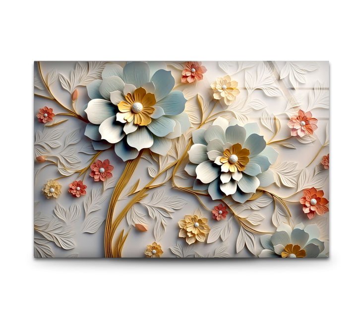 3D-Wandkunst mit blühenden Blumen – Eleganter Blumendruck aus geprägtem Glas 