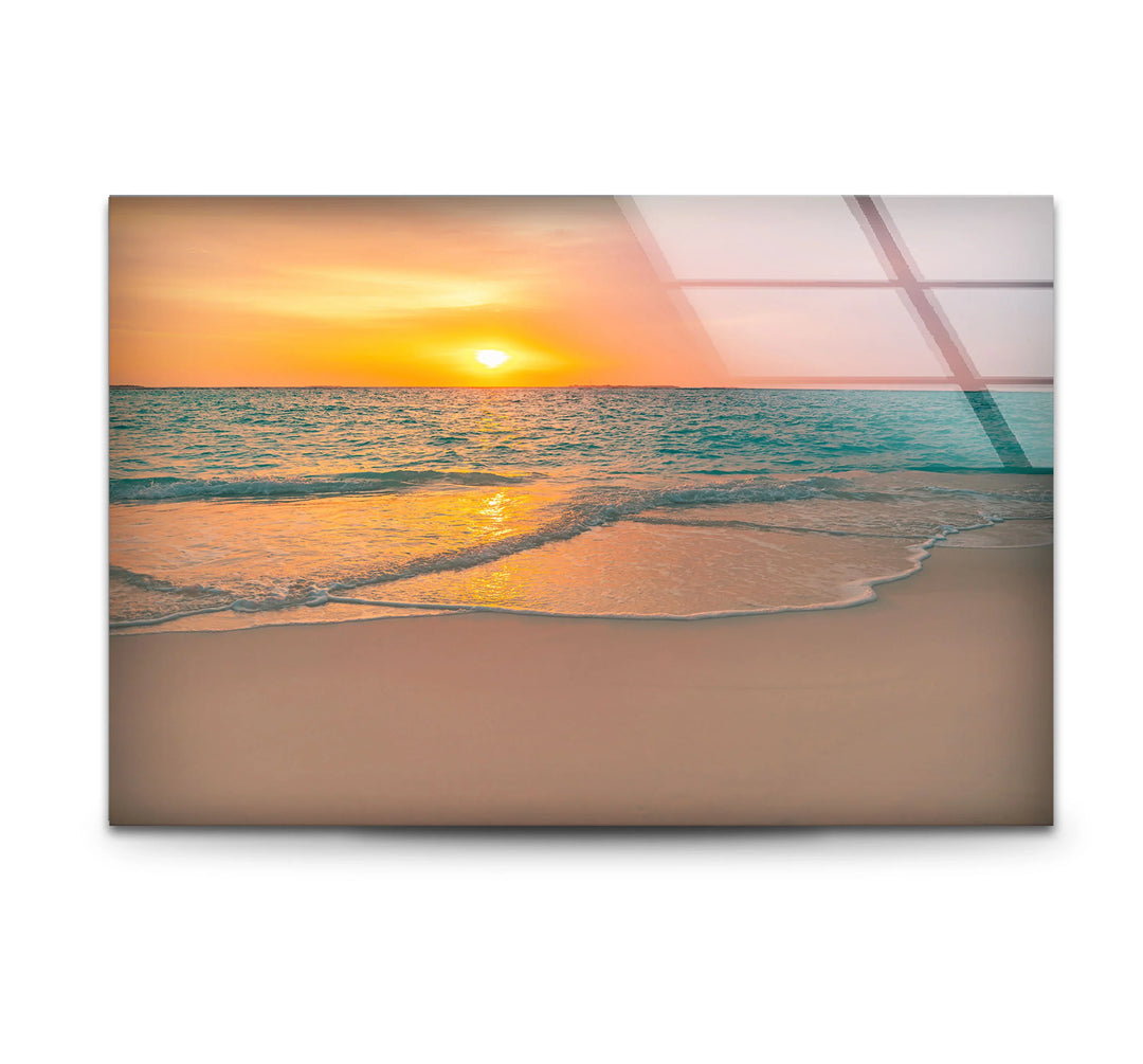 Tranquil Sunset Beach Wall Art – Coastal Ocean Waves with Soft Orange Glow - MyPhotoStation