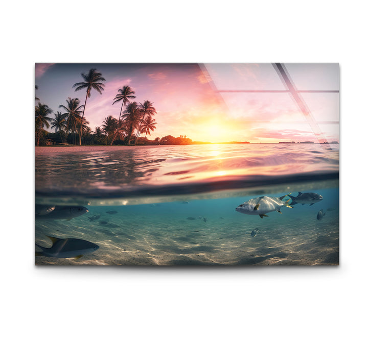 Tropical Ocean Split View Wall Art – Sunset and Underwater Scene Glass Print