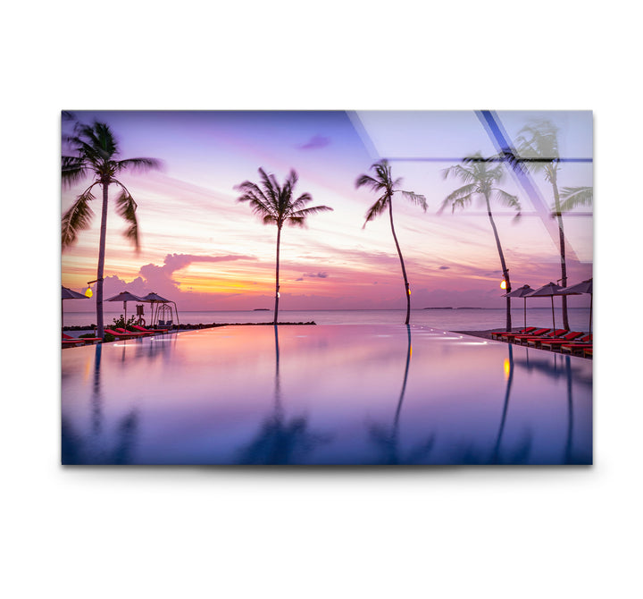 Tropical Sunset Pool Wall Art – Palm Tree Reflection Glass Print for Relaxed Interiors