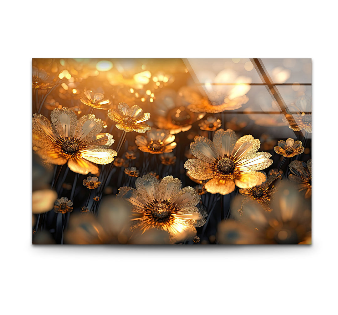 Goldene Gänseblümchenblüten-Wandkunst aus Glas – Strahlende florale Eleganz 