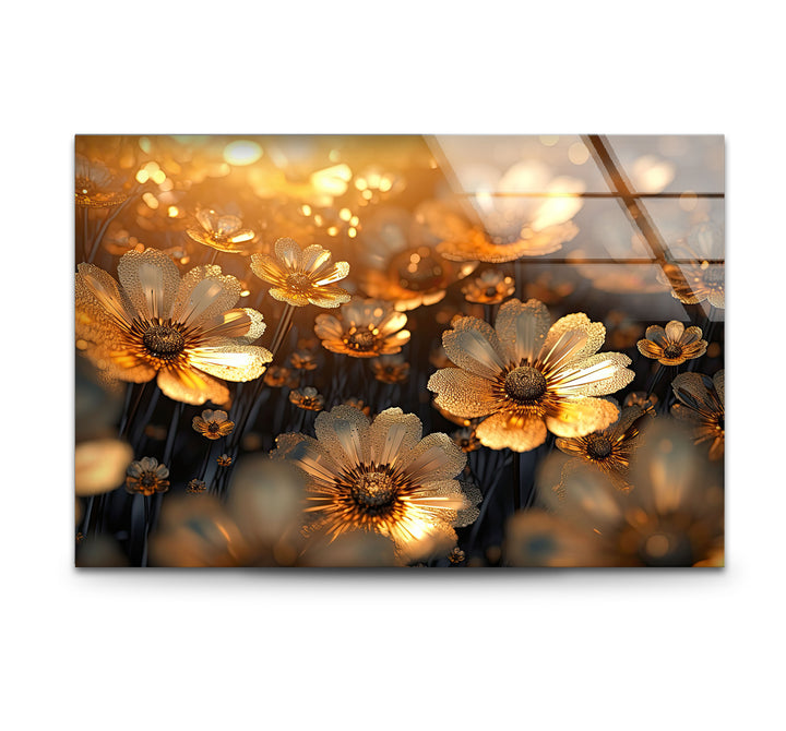 Goldene Gänseblümchenblüten-Wandkunst aus Glas – Strahlende florale Eleganz 