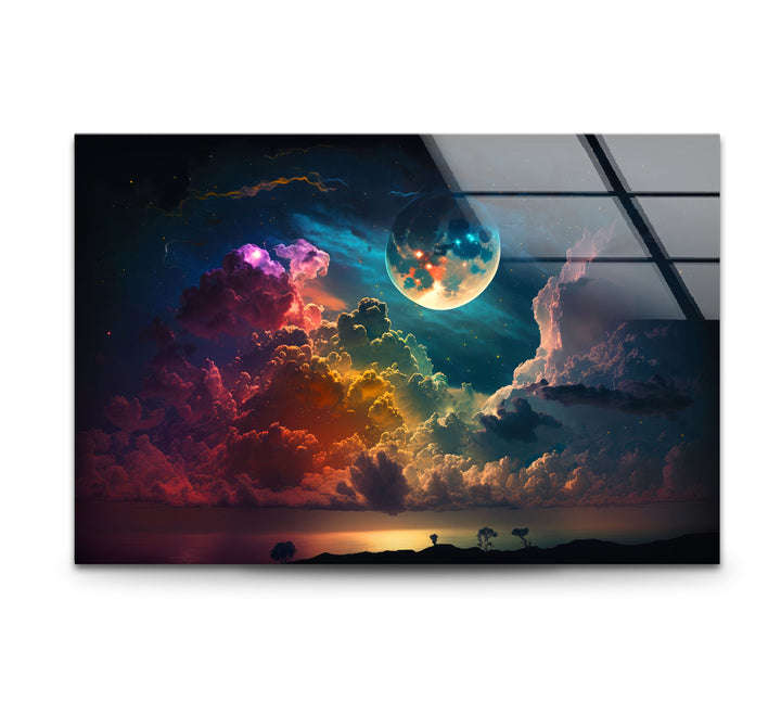 Verträumte Mondaufgang-Wandkunst – Fantasy-Himmel und Wolken-Glasdruck