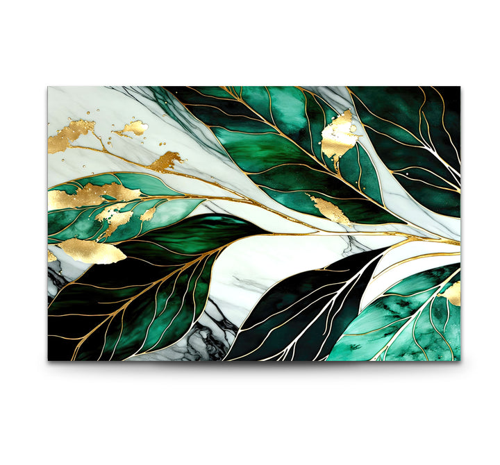 Gold & Emerald Botanical Glass Wall Art – Luxury Green Leaf Design