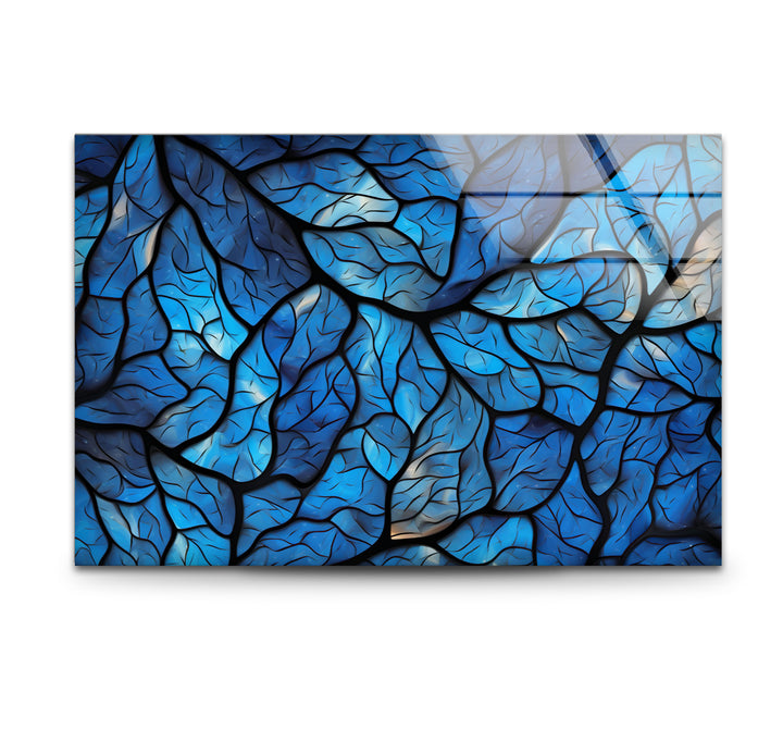 Blaues Blattmosaik-Wandbild – Abstrakter Naturglasdruck für modernes Dekor