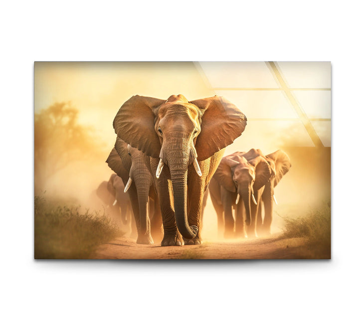 Elephant Herd Safari Wall Art – Majestic Wildlife Glass Print for Bold Natural Decor - MyPhotoStation