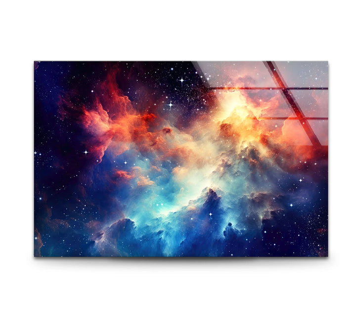 Nebula Galaxy Wall Art – Cosmic Cloud Glass Print with Vibrant Blue & Red Starburst for Futuristic Space-Inspired Decor - MyPhotoStation