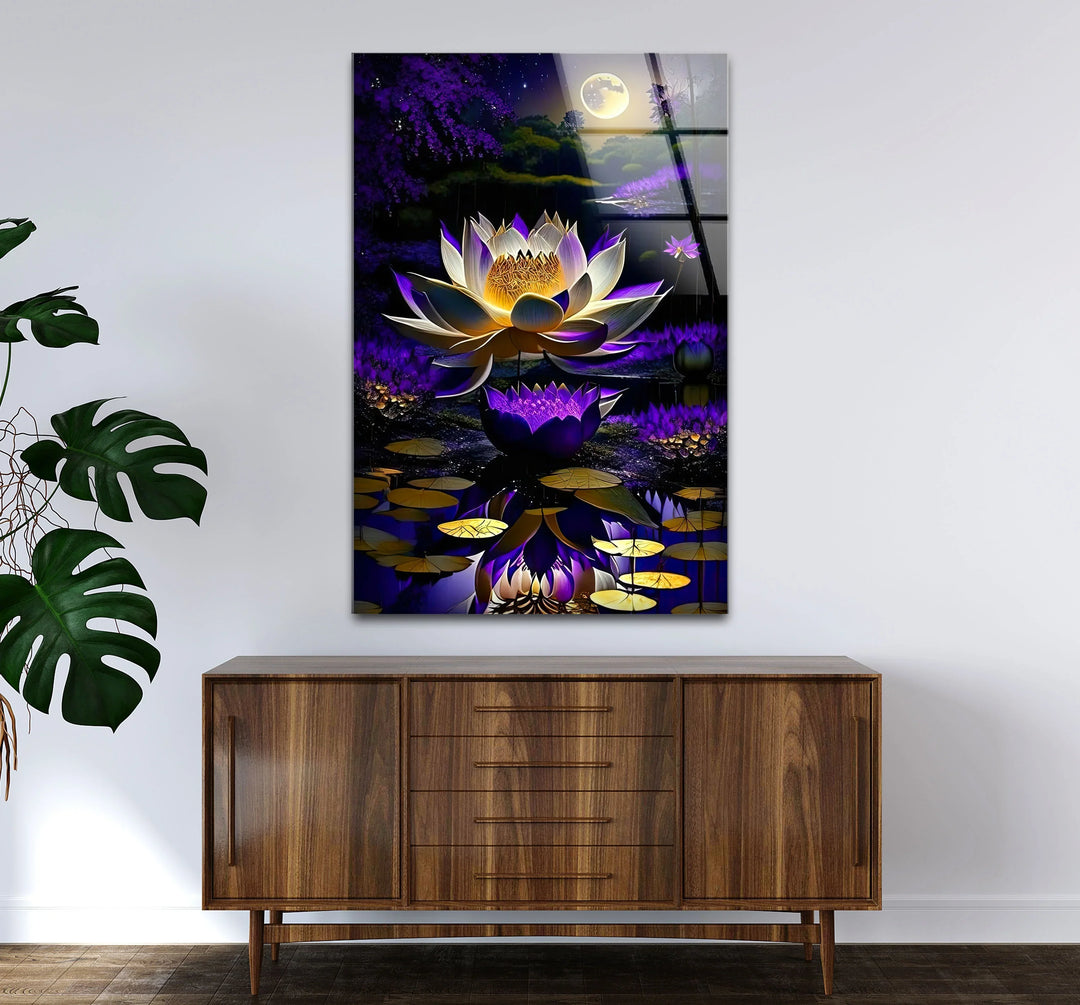 Moonlit Purple Lotus Glass Wall Art – Mystical Night Bloom Floral Print - MyPhotoStation