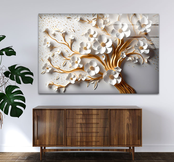 Gold and White Flower Tree Glass Wall Art custom glass pictures, glass art prints
