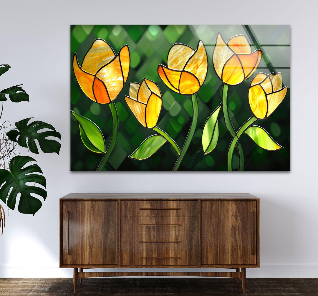 Yellow Flower Stained Glass Wall Art custom glass pictures, glass art prints
