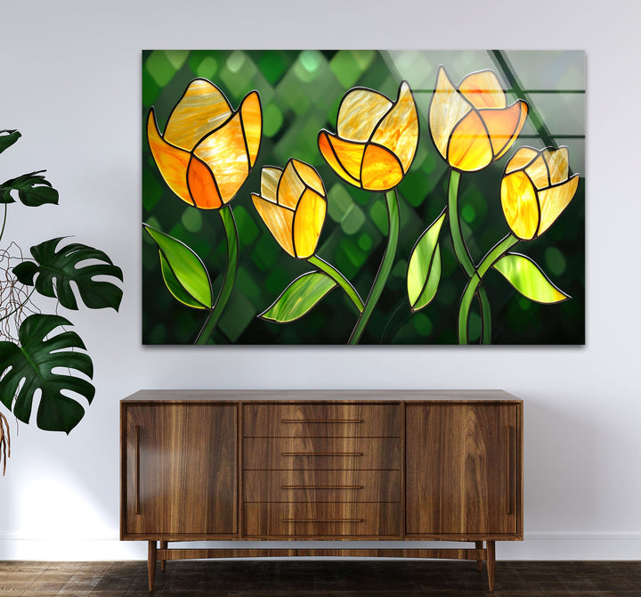 Yellow Flower Stained Glass Wall Art custom glass pictures, glass art prints
