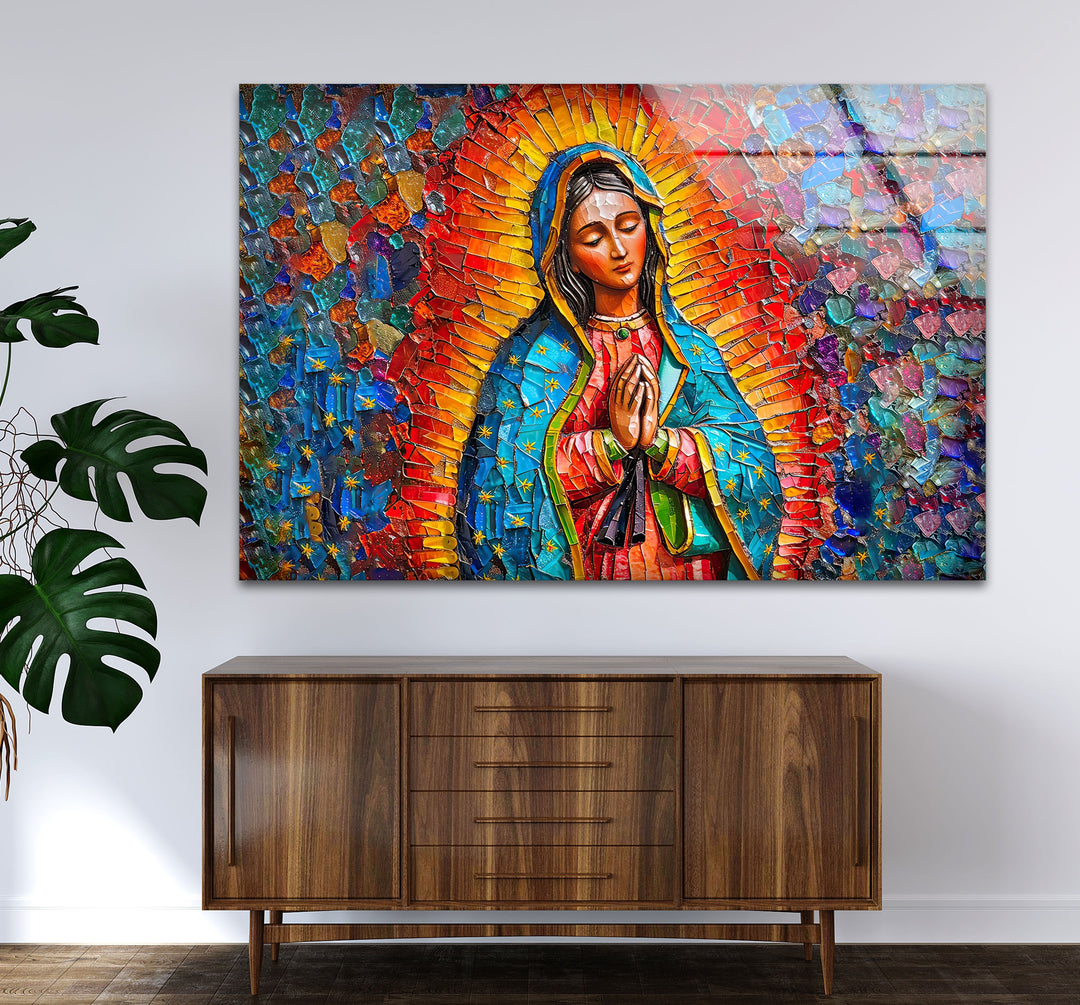The foreground features a detailed dark wood sideboard, subtly contrasting with the vibrant Sacred Radiance Mosaic religious hanging wall art above.