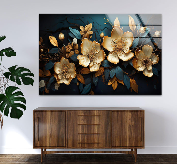 Gold & Blue Botanical Glass Wall Art glass photo prints, glass picture prints
