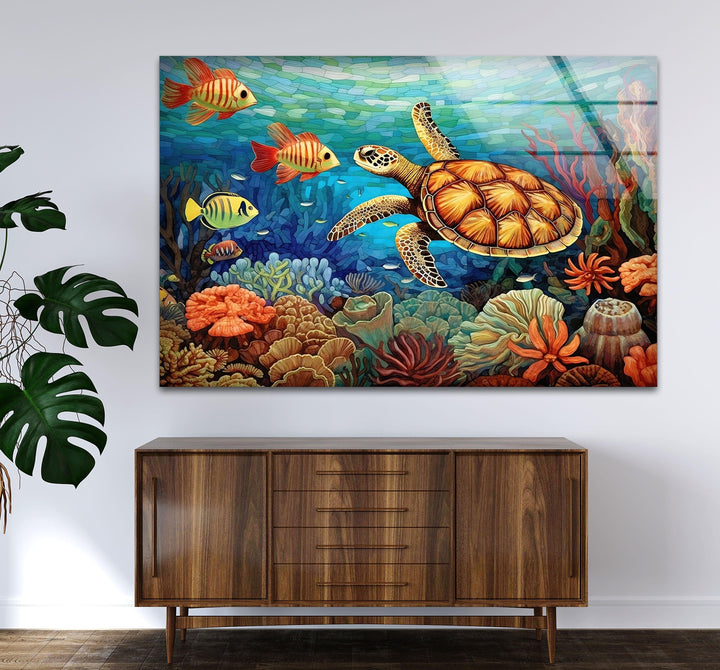 Sea Turtle & Fishes Underwater Glass Wall Art picture on glass wall art, photos printed on glass
