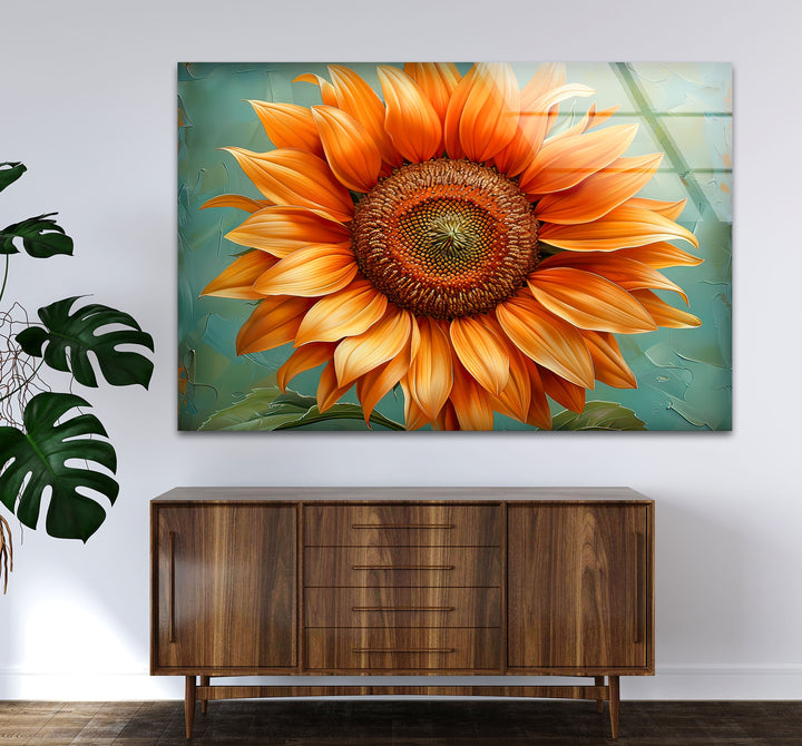 Oil Painting Orange Sunflower Glass Wall Art large glass photo prints, glass wall photos
