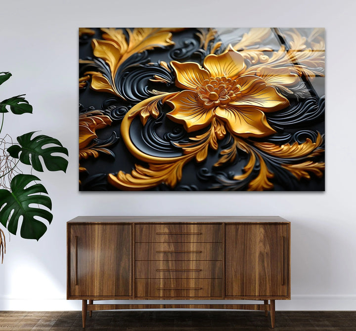 Botanical Gold & Black Flower Glass Wall Art photo print on glass, prints on glass wall art
