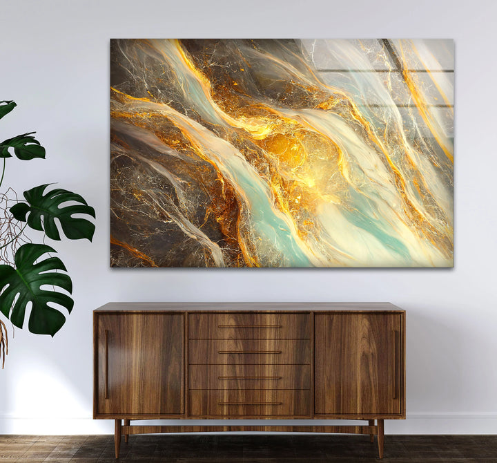 Gold Teal Marble Wall Art – Abstract Glass Print with Fiery Metallic Flow for Modern Elegant Interiors - MyPhotoStation