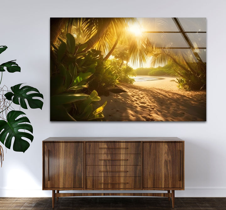 Golden Forest Beach Wall Art – Tropical Palm Tree Pathway Glass Print for Tranquil Nature-Inspired Decor