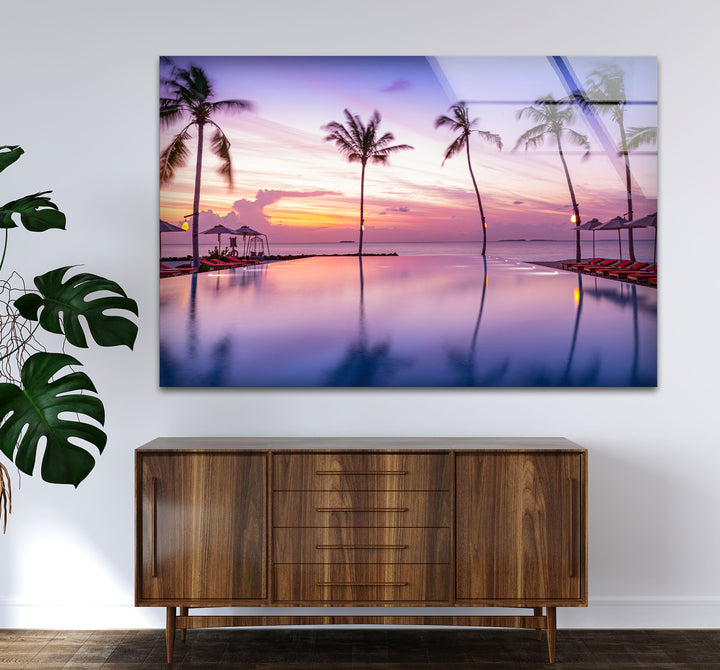 Tropical Sunset Pool Wall Art – Palm Tree Reflection Glass Print for Relaxed Interiors