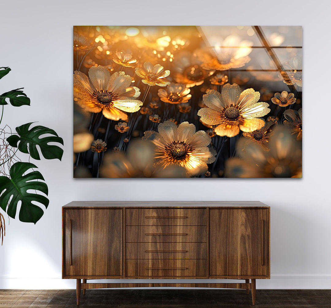 Goldene Gänseblümchenblüten-Wandkunst aus Glas – Strahlende florale Eleganz 