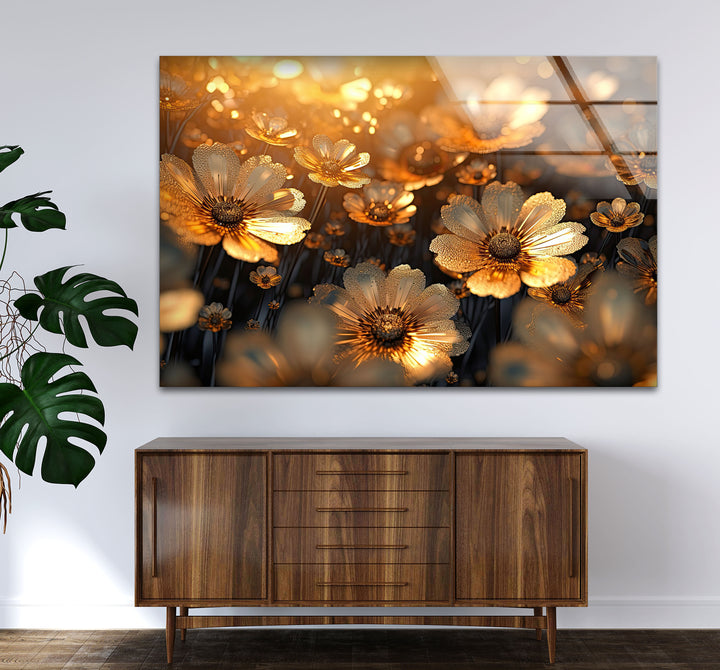 Goldene Gänseblümchenblüten-Wandkunst aus Glas – Strahlende florale Eleganz 