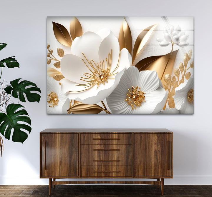 Elegant White and Gold Floral Wall Art – Luxury Botanical Glass Print for Sophisticated Decor