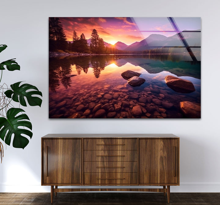 Bergsee Sonnenuntergang Wandkunst – Ruhige Natur Glas Landschaft Dekor