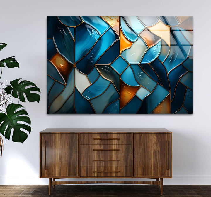 Blue Stained Glass Wall Art – Abstract Mosaic Glass Print Decor
