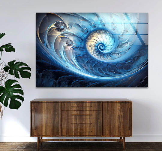 Striking blue fractal spiral glass print, an abstract nautilus, showcasing the best glass art for modern interiors.