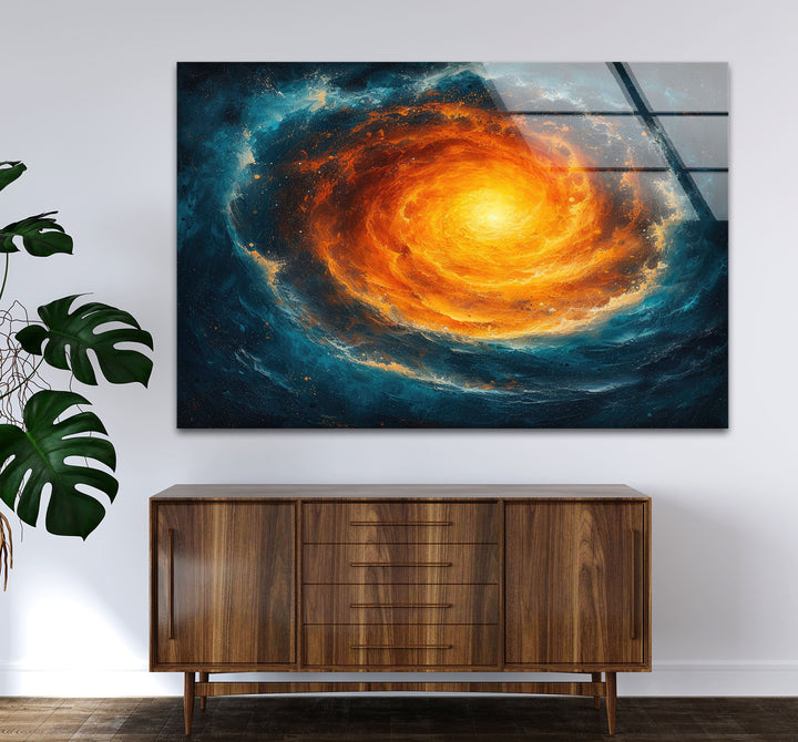 Abstrakte Glaswandkunst mit Spiralgalaxie