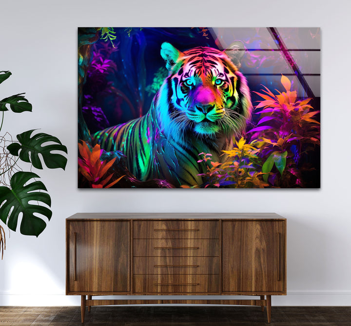 Neon Jungle Tiger Wandkunst – Lebendiger Wildlife-Glasdruck für mutige Innenräume