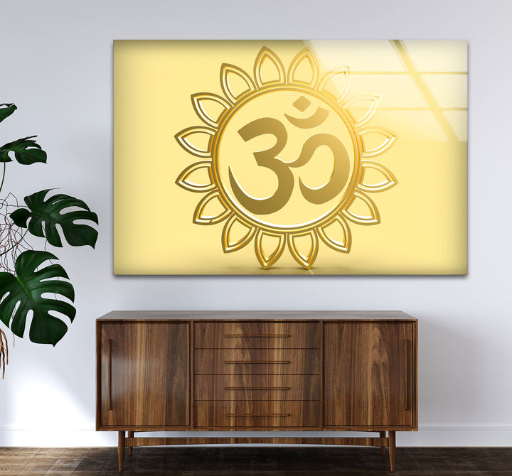 Goldenes Om-Symbol Wandkunst – Spirituelles Hindu-Dekor Glasdruck