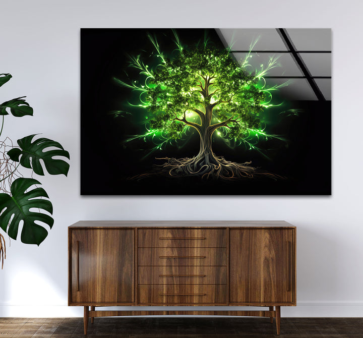 Enchanted Green Tree Wall Art – Glowing Nature-Inspired Glass Print with Dark Fantasy Vibes